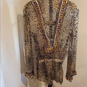 Leopard print long sleeve beaded neck and arms top
